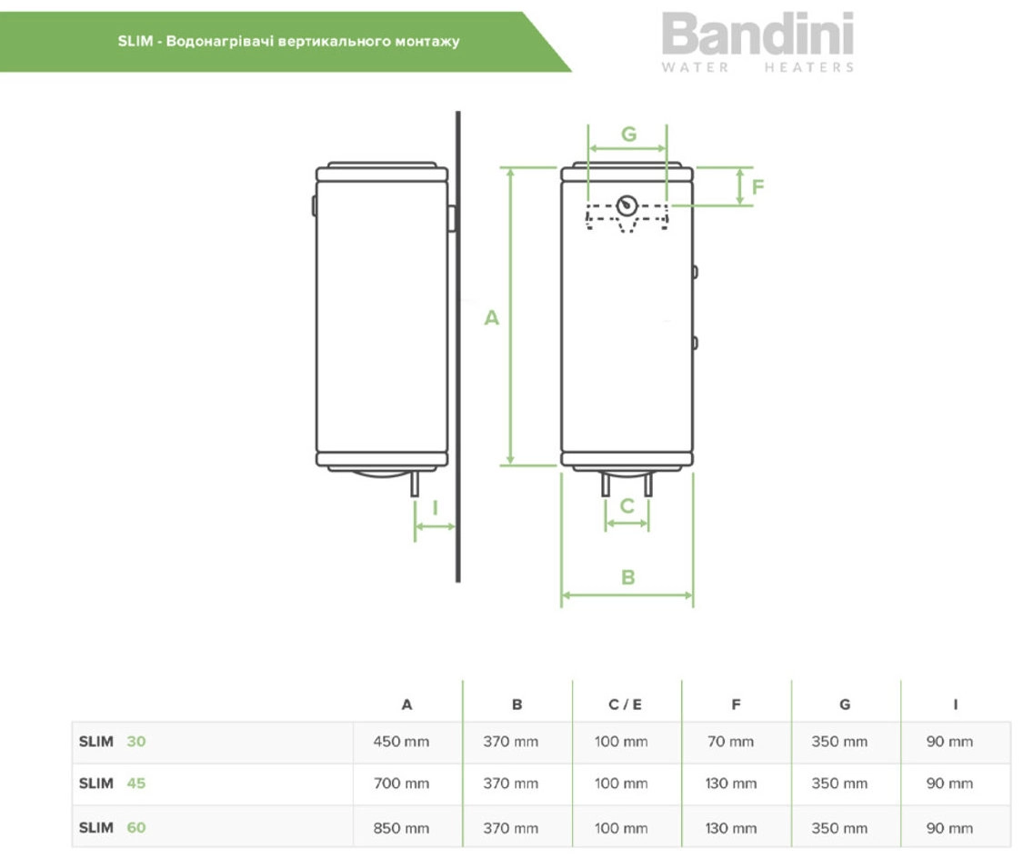 Водонагрівач електричний Bandini Water Heaters SE 60 SLIM Фото - 2