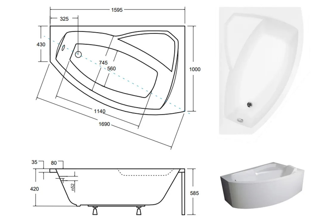 Ванна акриловая BESCO RIMA 160х100 Правая (соло) без ног Фото - 3