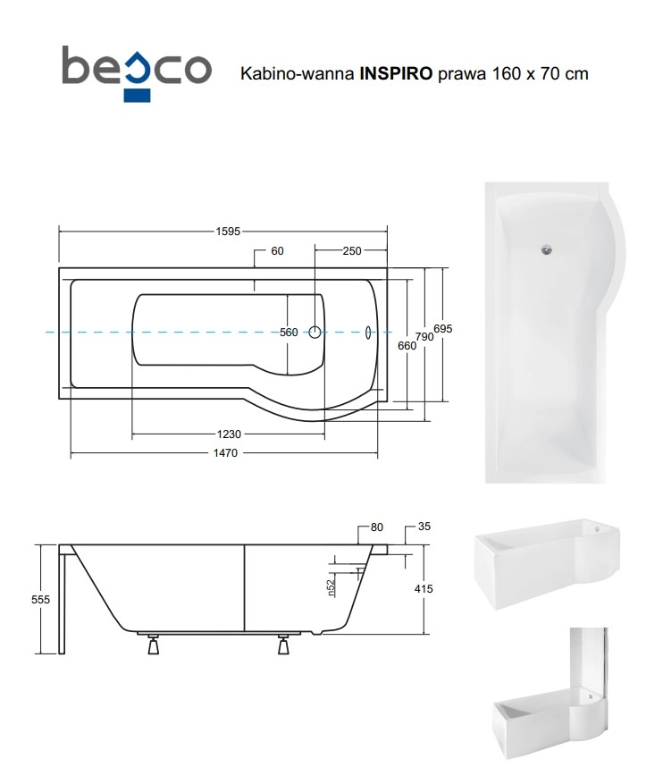 Ванна акрилова BESCO INSPIRO 160х70 Права (соло) без ніг Фото - 3