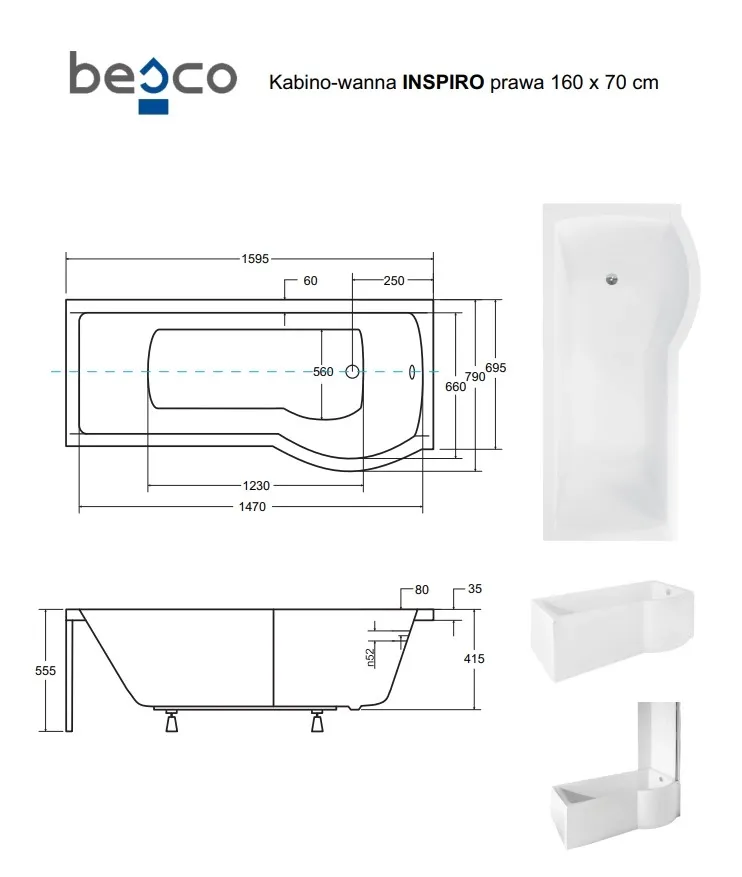 Ванна акриловая BESCO INSPIRO 160х70 Правая (соло) без ног Фото - 3