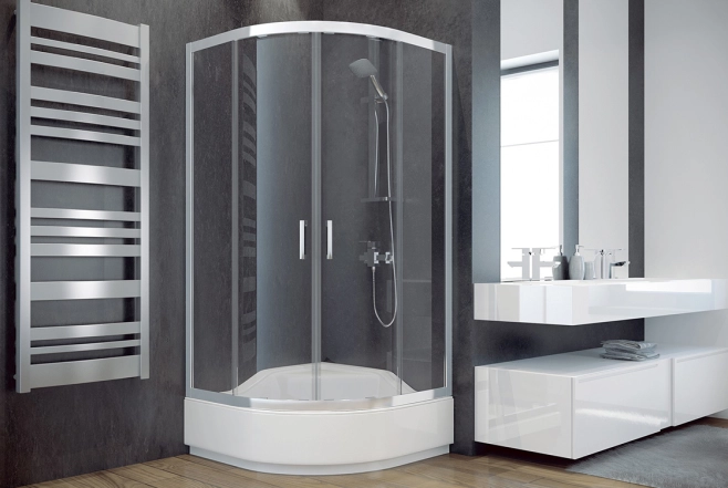 Кабина полукруглая BESCO MODERN 90x90x165 универсальная: стекло grigio, профиль хромированный