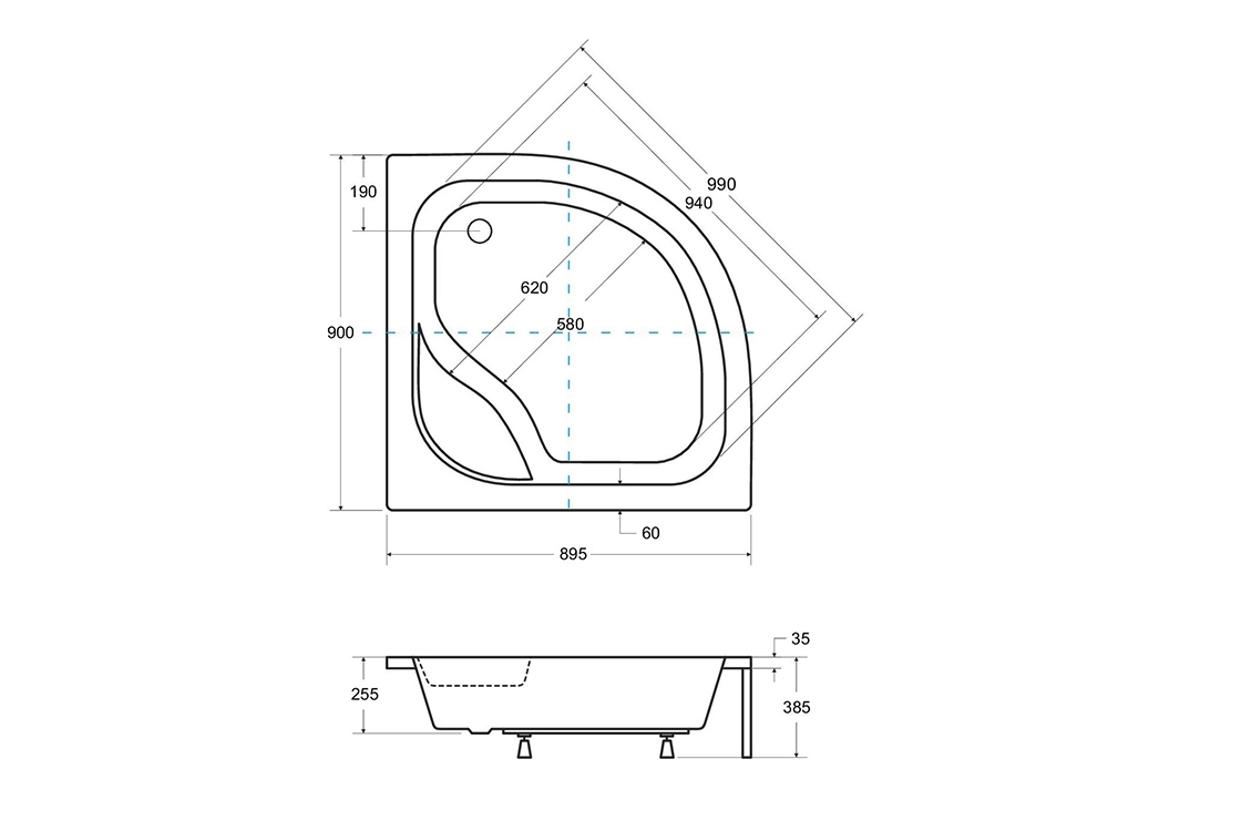 Піддон півкруглий BESCO DIPER I 90x90x24/38,5 з сидінням + ноги Фото - 1