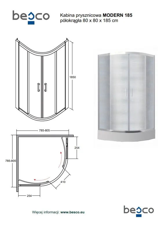 Кабіна півкругла BESCO MODERN 90x90x185 універсальна: скло прозоре, профіль хромований Фото - 1