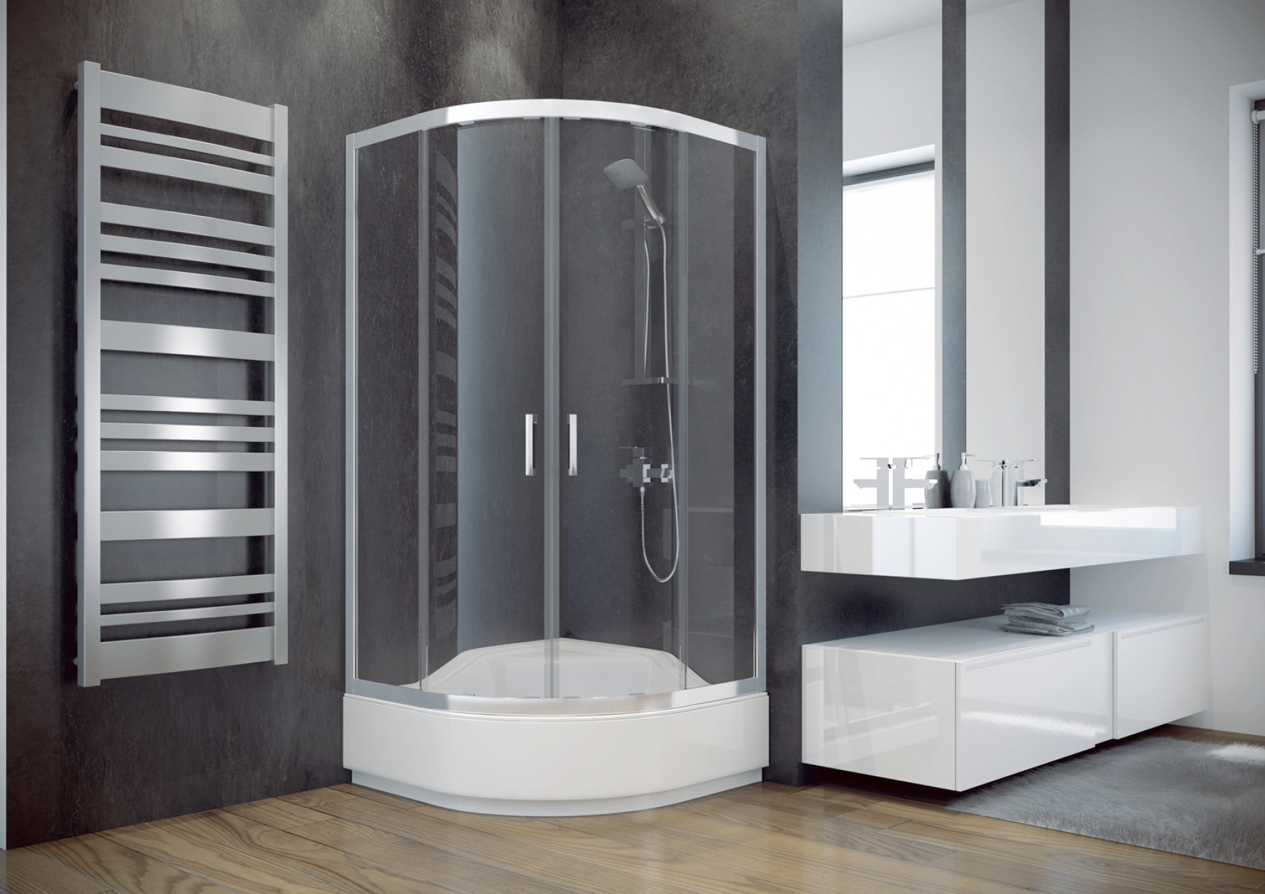 Кабіна півкругла BESCO MODERN 90x90x165 універсальна: скло прозоре, профіль хромований