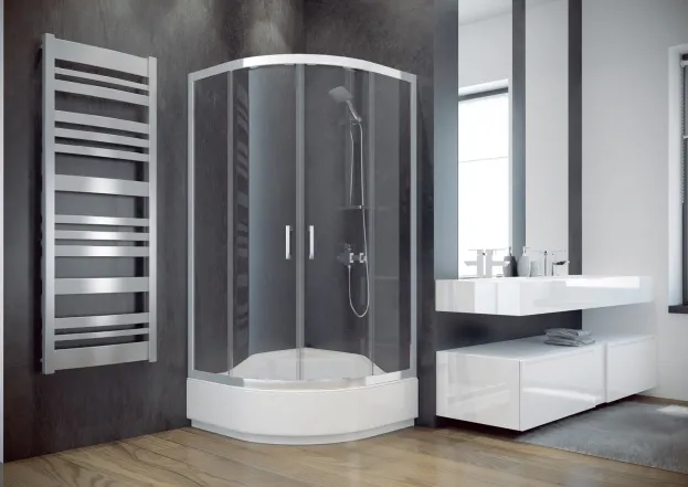 Кабина полукруглая BESCO MODERN 90x90x165 универсальная: стекло прозрачное, профиль хромированный