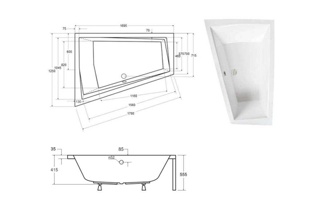 Ванна акрилова BESCO INTIMA DUO 170x125 Ліва (соло) без ніг Фото - 4