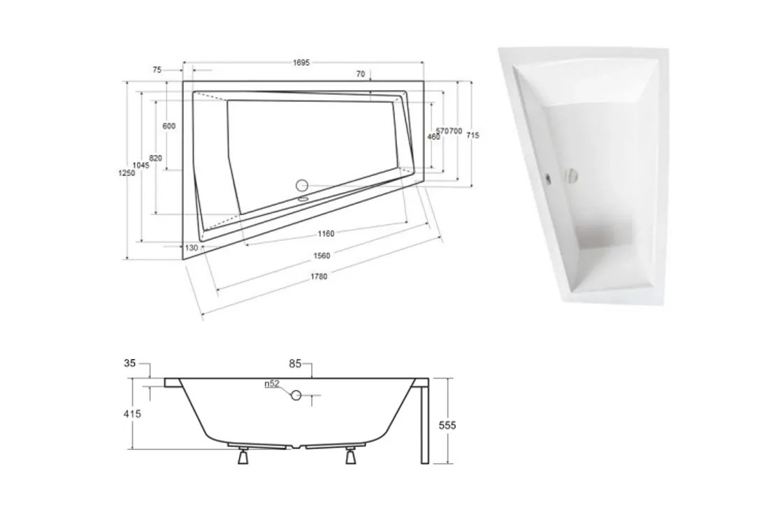 Ванна акриловая BESCO INTIMA DUO 170x125 Левая (соло) без ног Фото - 4