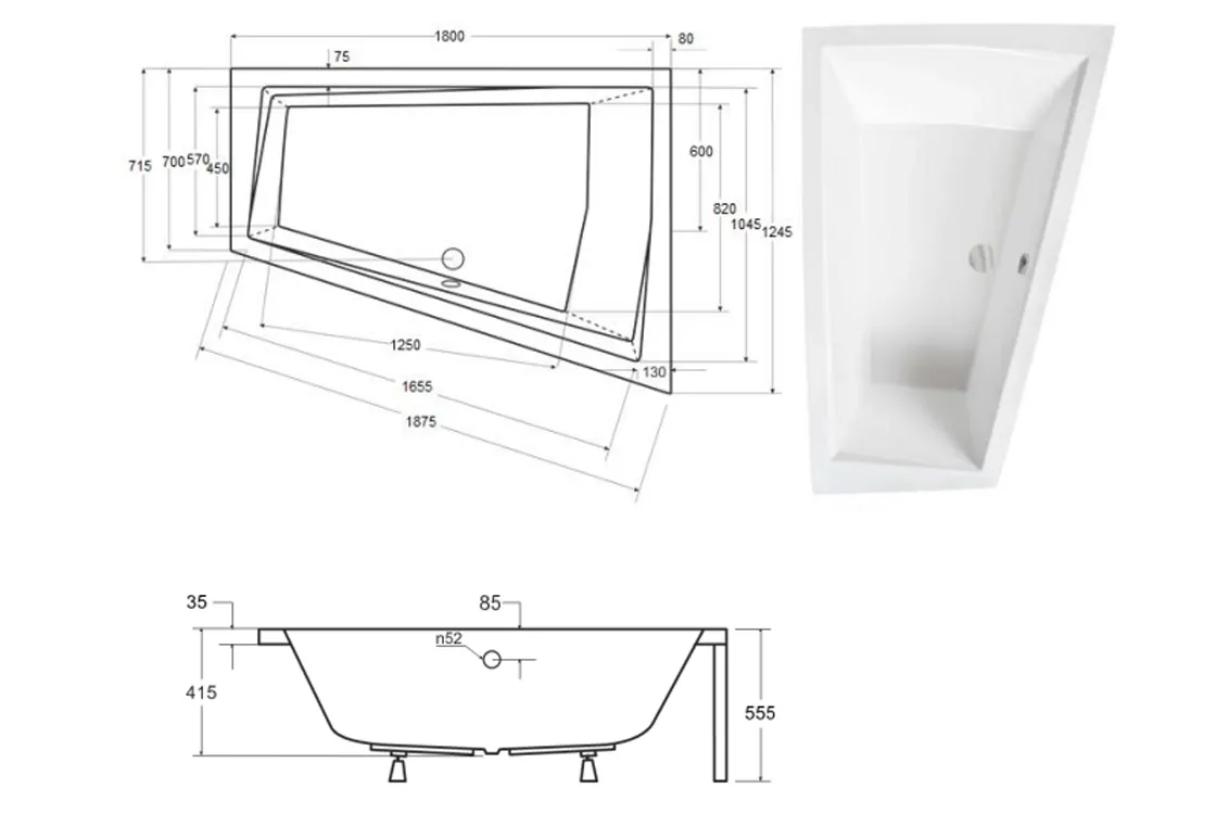 Ванна акриловая BESCO INTIMA DUO 180x125 Правая (соло) без ног Фото - 4