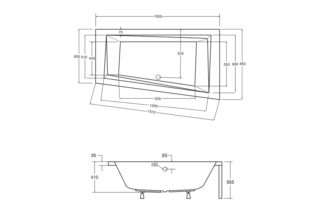 Ванна акрилова BESCO INTIMA 150x85 Права (соло) без ніг Фото - 3