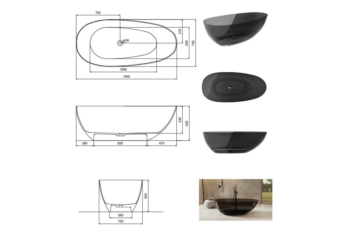 Ванна свободностоящая BESCO XARA 160х75 Carbon Grey, с сифоном клик-клак черный Фото - 6