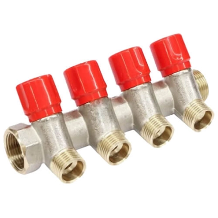 Коллектор с вентилями BIANCHI Ø3/4" х 4 х 1/2 "НР хром (красный) I=36 мм (204B05040A)