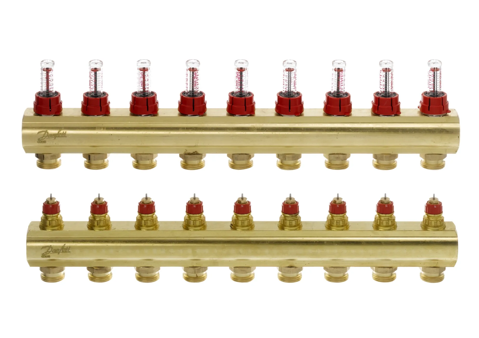 Распределительный коллектор Danfoss FHF-F, 9+9 контуров, с ротаметрами, латунь Фото - 1