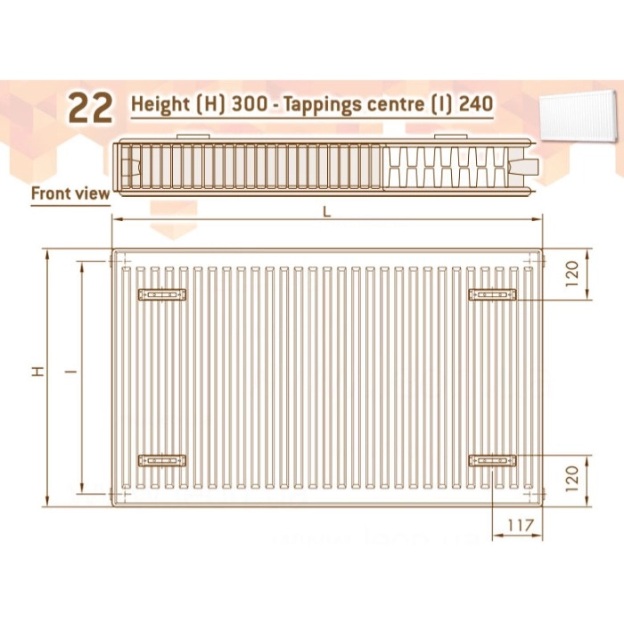 Радіатор сталевий  Compact Panel 22  TEK  300 x 1100 мм  1392 Ват  бокове підключення  DeLonghi Фото - 1