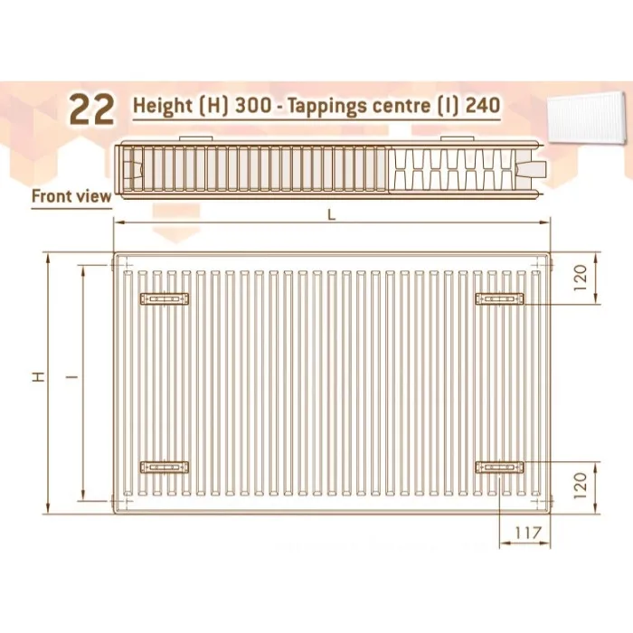 Радіатор сталевий  Compact Panel 22  TEK  300 x 1200 мм  1518 Ват  бокове підключення  DeLonghi Фото - 1
