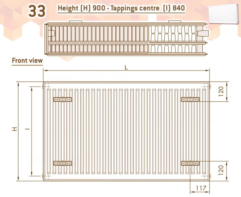 Радіатор сталевий  Compact Panel 33  TEK  900 x 400 мм  1729 Ват  бокове підключення  DeLonghi Фото - 2