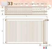 Радіатор сталевий  PHD 2.0 Panel 33  TEC  500 x 1100 мм  2984 Ват  бок. праве/нижнє підкл.  DeLonghi Фото - 1