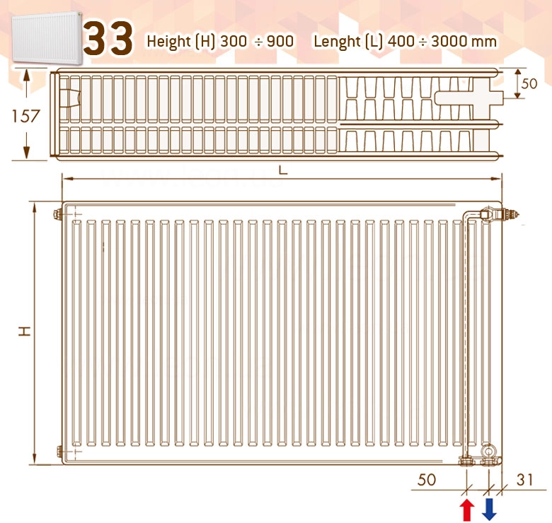 Радіатор сталевий  PHD 2.0 Panel 33  TEC  600 x 700 мм  2188 Ват  бок. праве/нижнє підкл.  DeLonghi Фото - 1