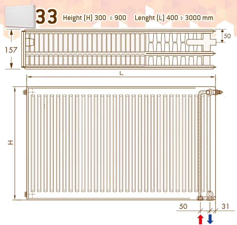 Радиатор стальной PHD 2.0 Panel 33 TEC 600 x 700 мм 2188 Ватт бок. правое/нижнее подкл.  DeLonghi Фото - 1