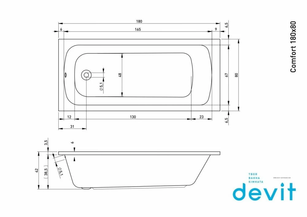 Ванна акрилова Devit Comfort 180х80 см з ніжками (18080123) Фото - 1