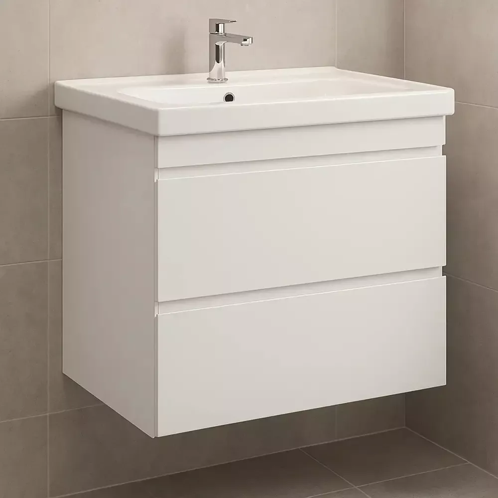 Тумба Devit Frame 80 см с раковиной и сифоном, белая глянцевая (753080W)
