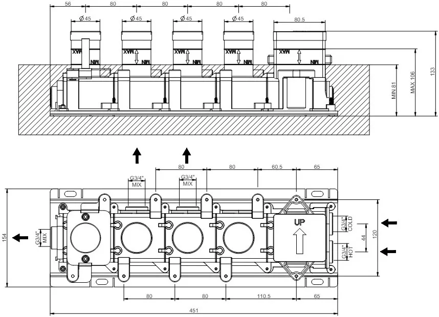 Вбудована частина для термостатичного змішувача Gessi Hi-F на 3 потреб. хром (63013-031) Фото - 1