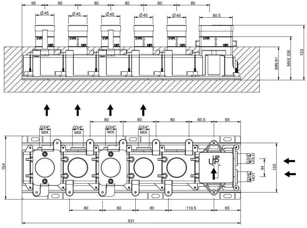 Встраиваемый узел для термостатического смесителя Gessi Hi-F на 4 потребителя, хром (63015-031) Фото - 1