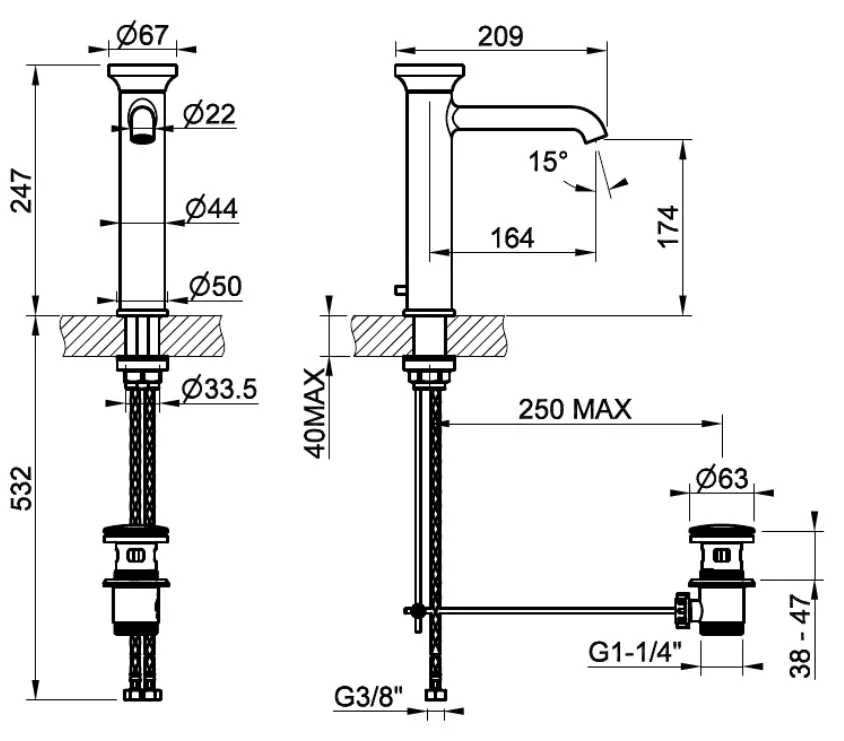 Змішувач для умивальника Gessi Origini середній, з донним клапаном, Black Metal Bruched PVD (66005707) Фото - 1