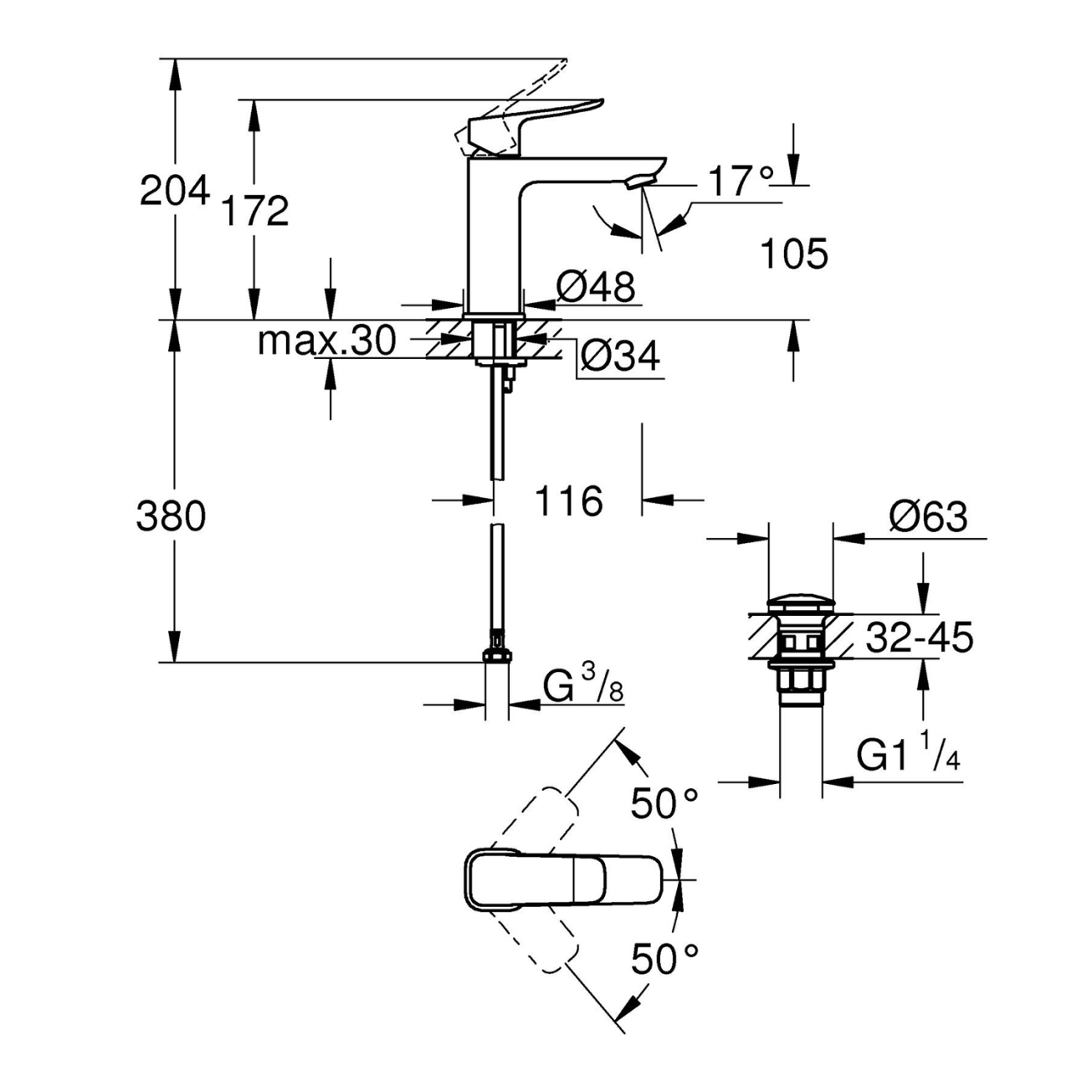 Смеситель для раковины Grohe QuickFix Dice M-Size 1018330000 с донным клапаном Фото - 1