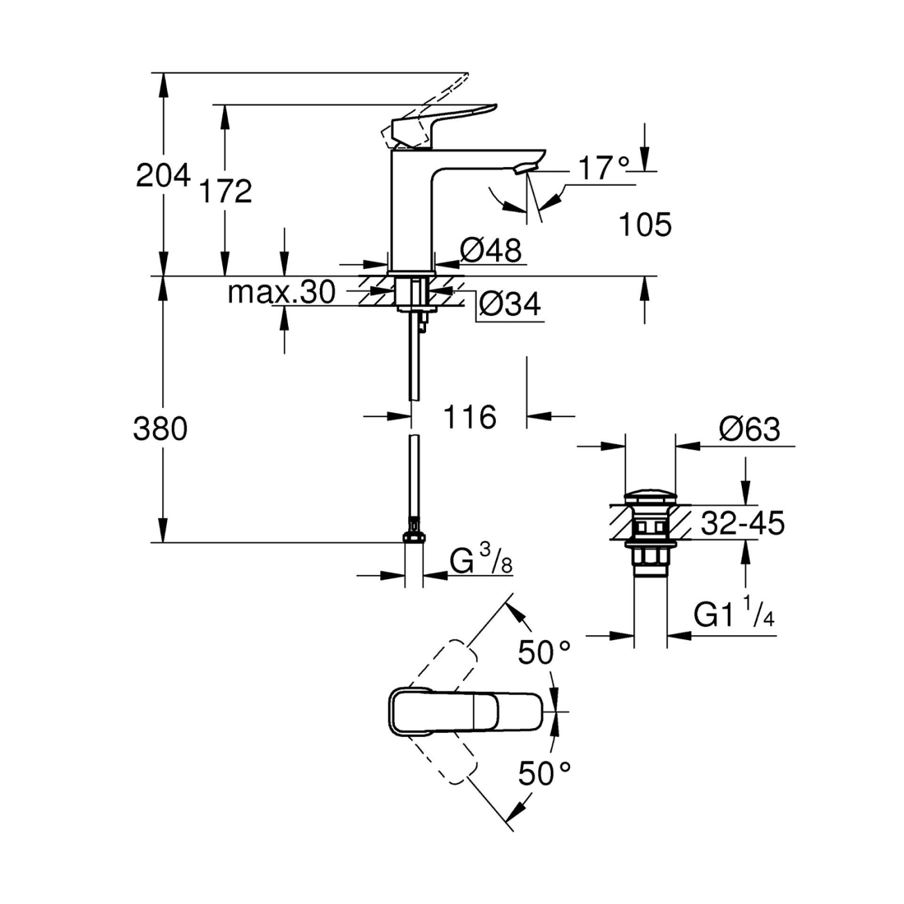 Змішувач для раковини Grohe QuickFix Dice M-Size 1018332430 з донним клапаном Фото - 1