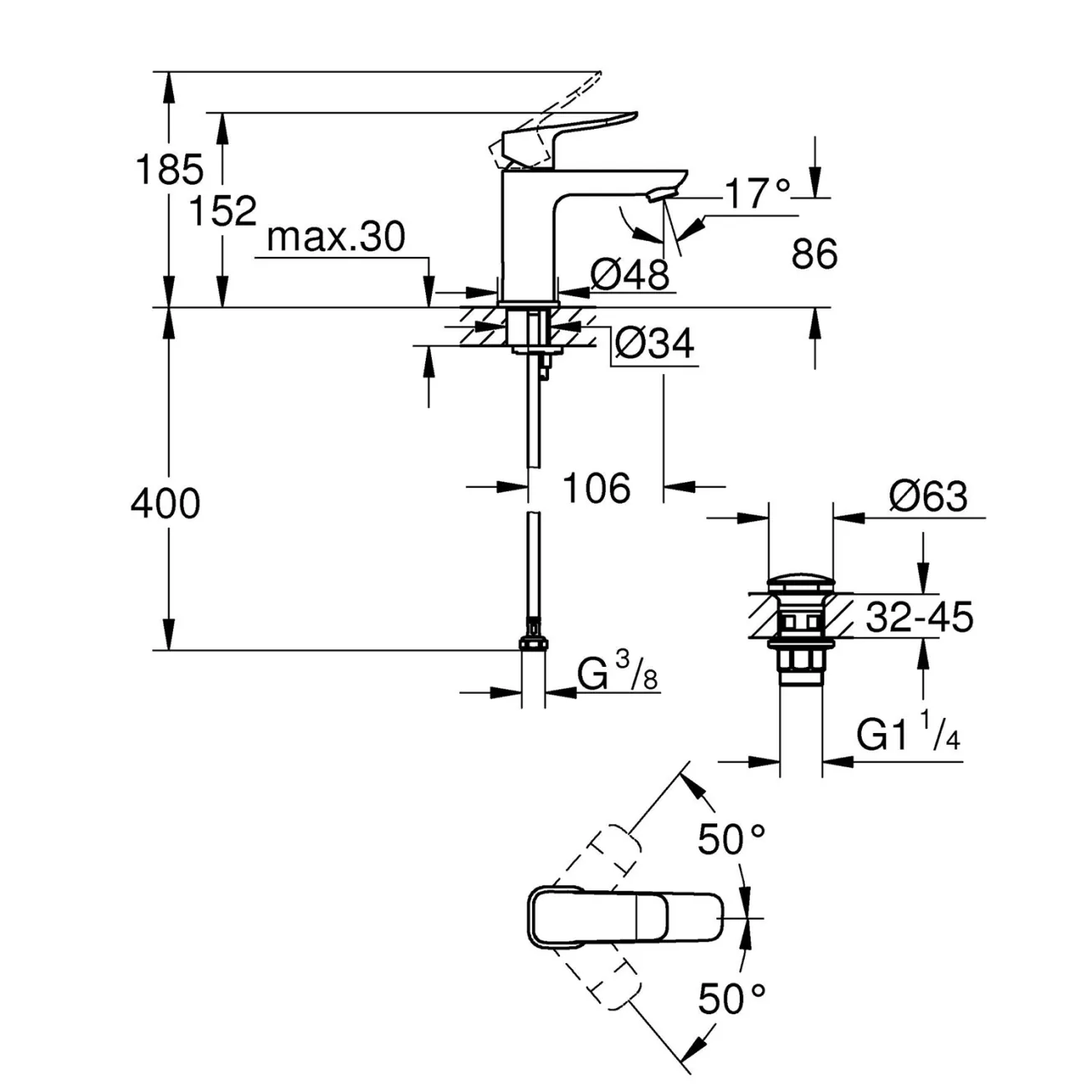 Смеситель для раковины Grohe QuickFix Dice S-Size 1018570000 с донным клапаном Фото - 1