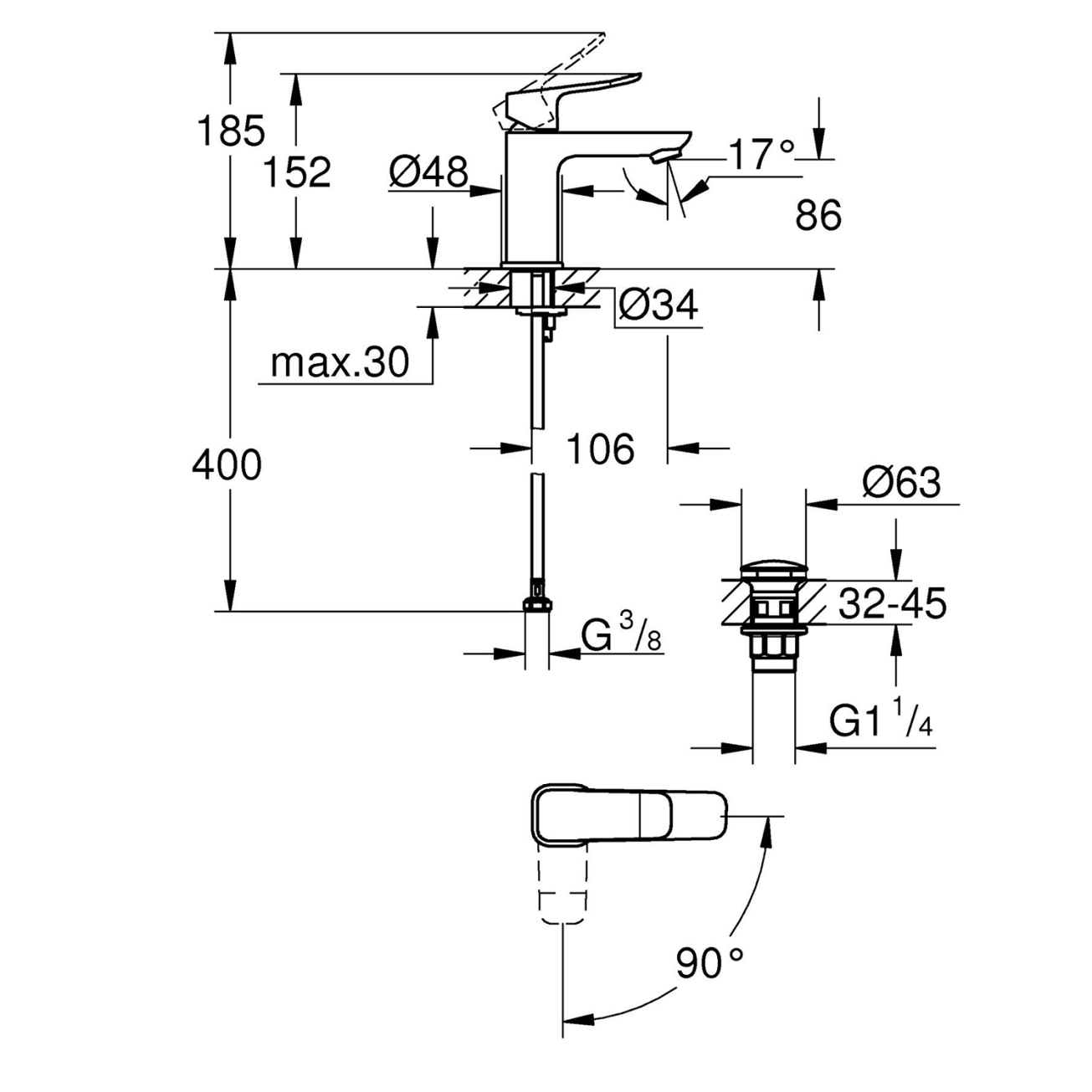 Змішувач для раковини Grohe QuickFix Dice ES S-Size 1018612430 з донним клапаном Фото - 1