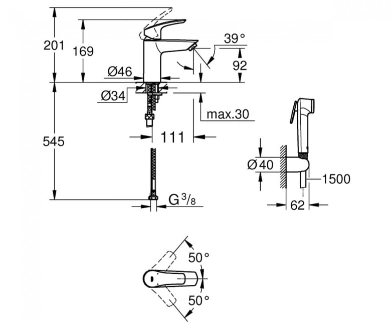 Змішувач для умивальника Grohe Eurosmart New S-Size з гігієнічним душем, хром (23124003) Фото - 1