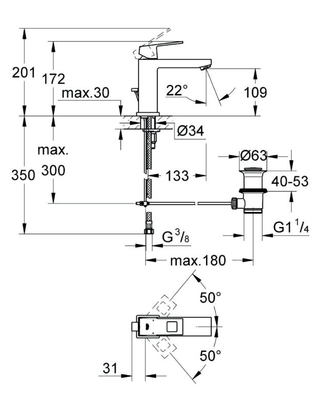 Змішувач для умивальника Grohe Eurocube M-Size, з донним клапаном, хром (23445000) Фото - 2