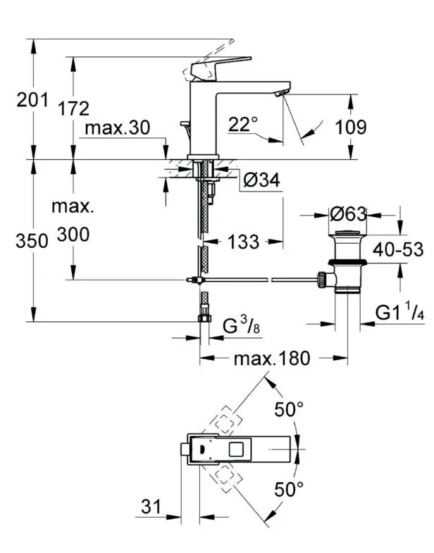 Смеситель для умывальника Grohe Eurocube M-Size, с донным клапаном, хром (23445000) Фото - 2