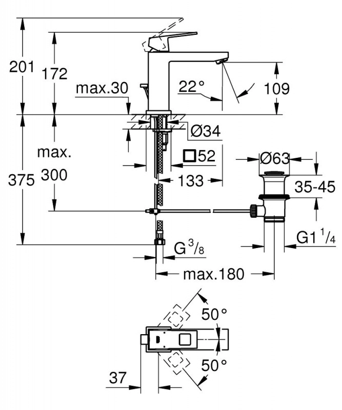 Змішувач для умивальника Grohe Eurocube M-Size, з донним клапаном, сталь (23445DC0) Фото - 2
