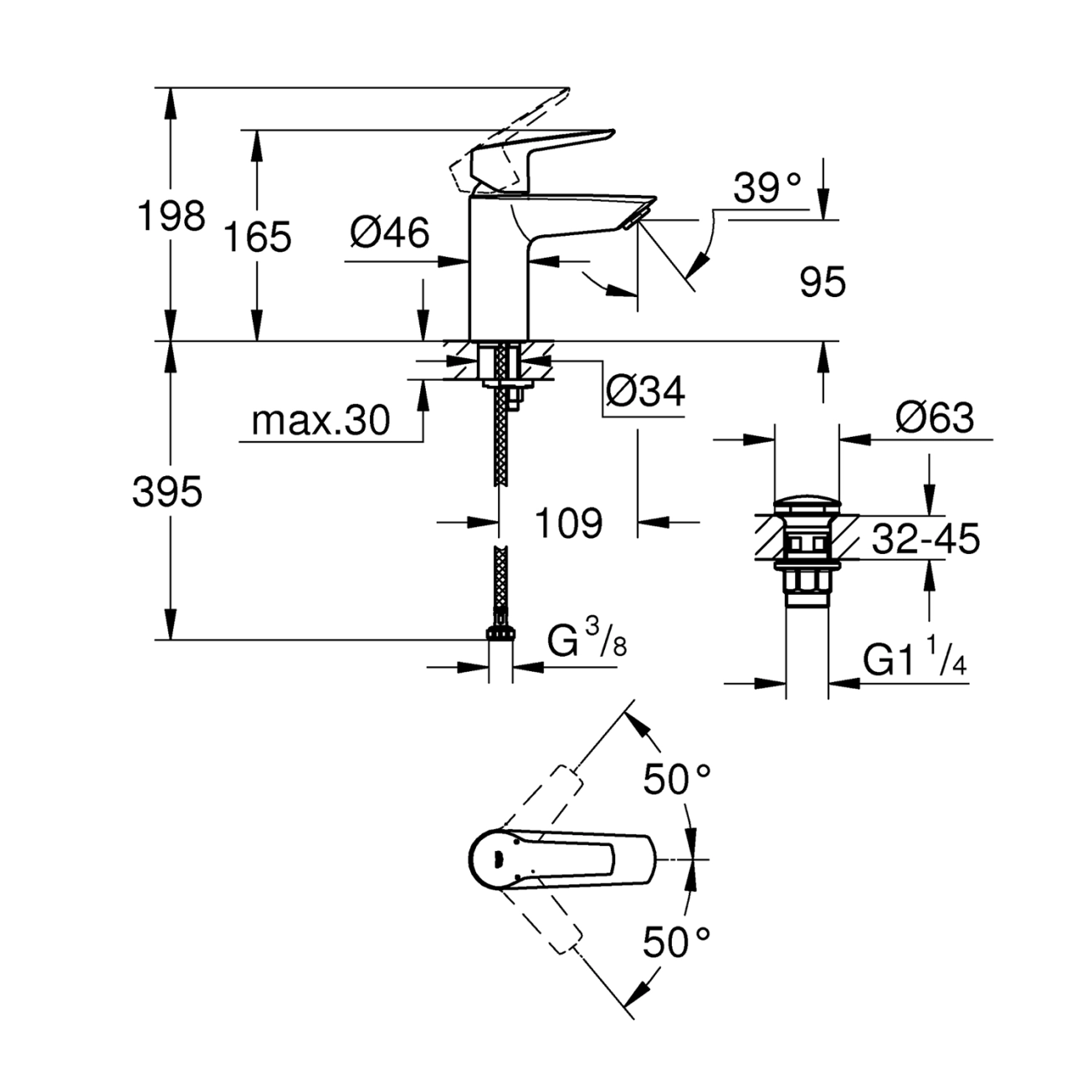 Змішувач для раковини Grohe QuickFix Start S-Size 23550002 з донним клапаном Фото - 1