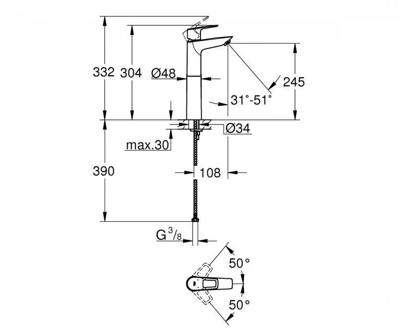 Смеситель для умывальника высокий Grohe BauLoop New XL-Size без донного клапана, хром (23764001) Фото - 1