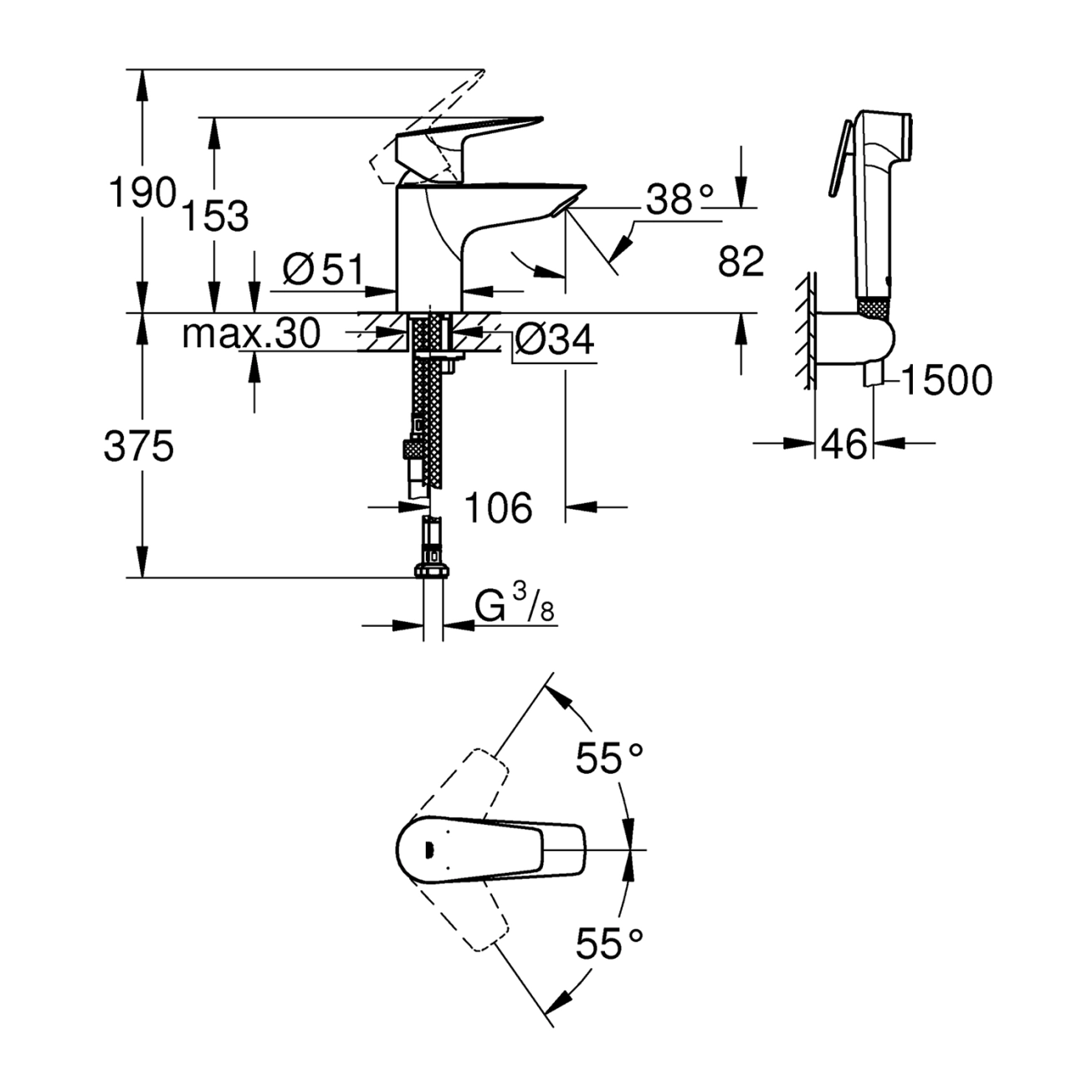 Набір для гігієнічного душу зі змішувачем Grohe QuickFix StartEdge S-Size 23773001 Фото - 1