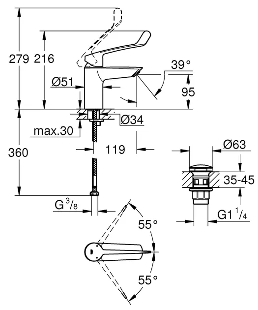 Смеситель для умывальника S-Size, однорычажный Grohe Eurosmart NEW, для медицинских учреждений, хром (23982003) Фото - 1