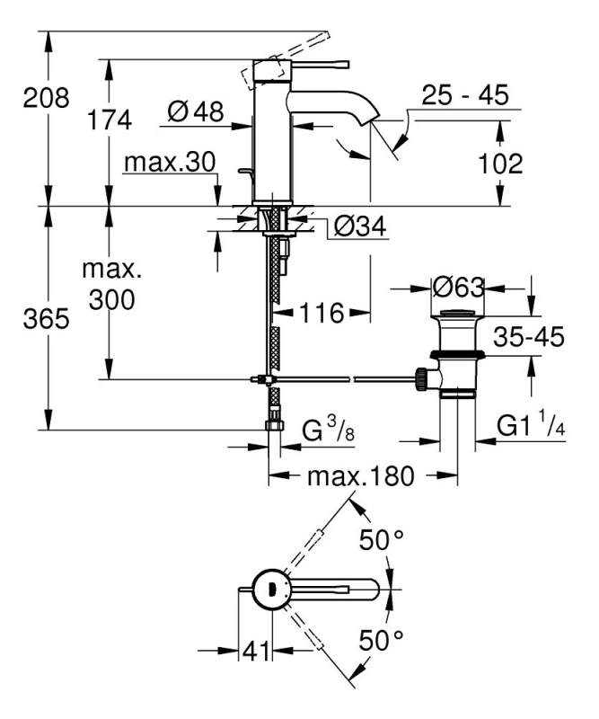 Смеситель для умывальника Grohe Essence, латунь с донным клапаном DN 15 размер S, сталь (24171DC1) Фото - 1