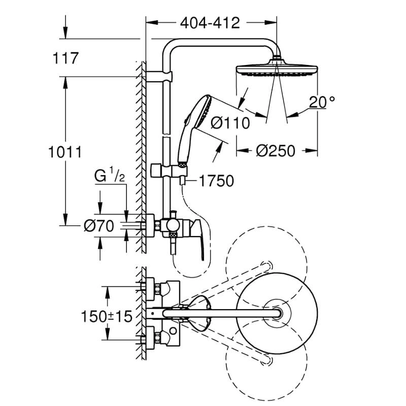 Душова система із змішувачем Grohe Tempesta 250 shower system OHM 9.5l, хром (26673001) Фото - 3