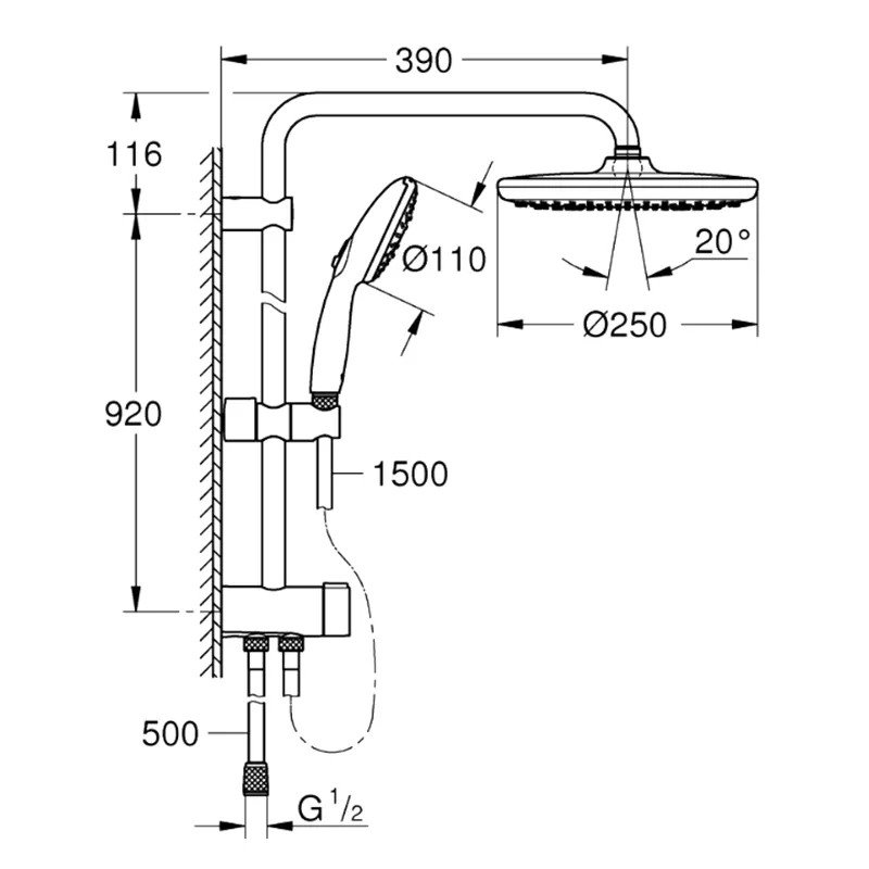 Душова система Grohe Tempesta System 250 Flex із перемикачем настінного монтажу 26675001 Фото - 3