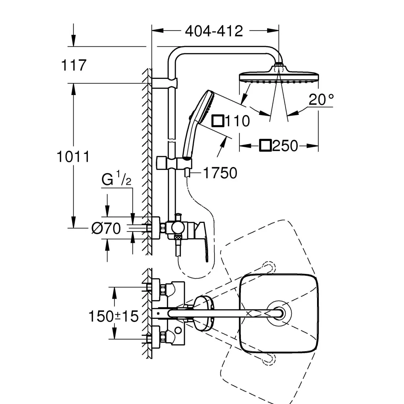 Душевая система Grohe Tempesta System 250 Cube с однорычажным смесителем настенного монтажа 26692001 Фото - 3