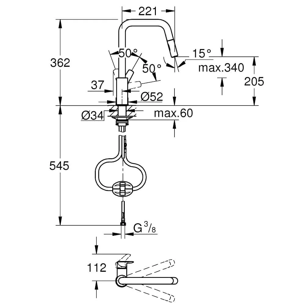 Змішувач для кухні Grohe EuroSmart одноважільний, висувний, 2 - струмені, хром (30619000) Фото - 1