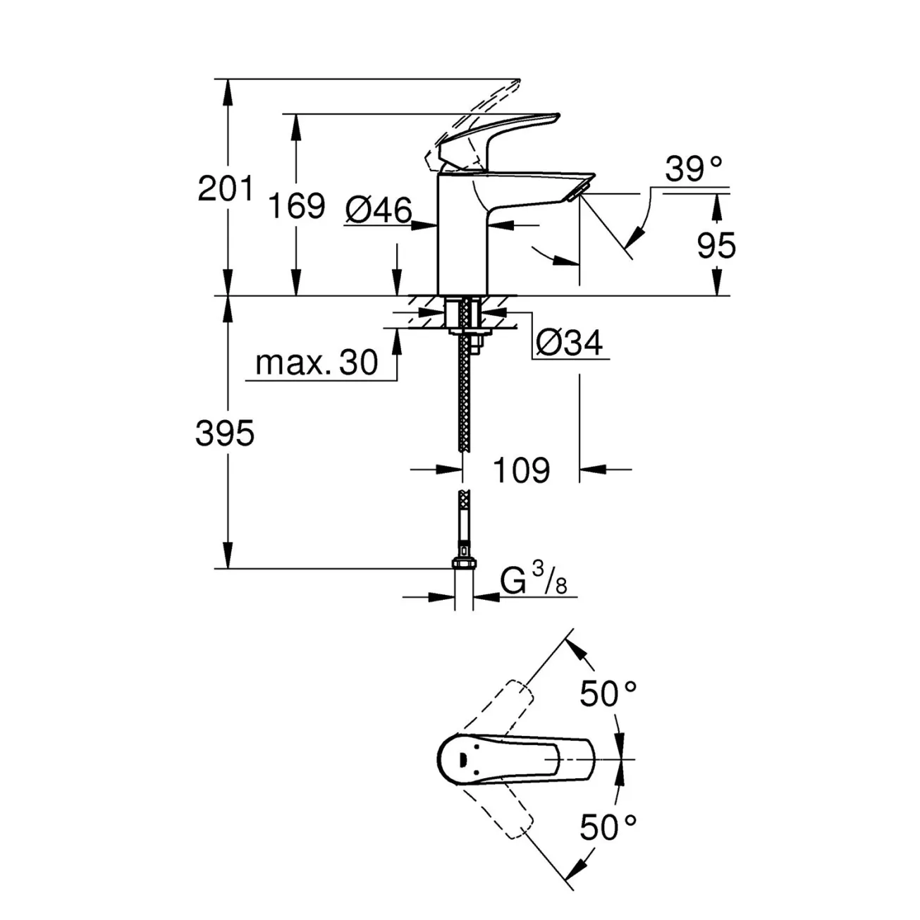 Смеситель для умывальника Grohe Eurosmart New S-Size без донного клапана, хром (32467003) Фото - 3