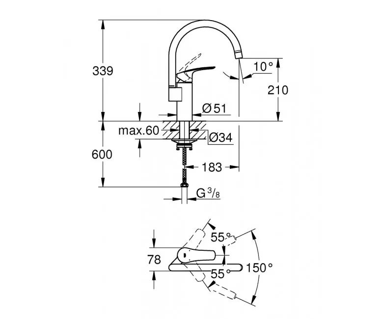 Змішувач для кухні одноважільний Grohe Eurosmart,  чорний матовий (332022433) Фото - 1