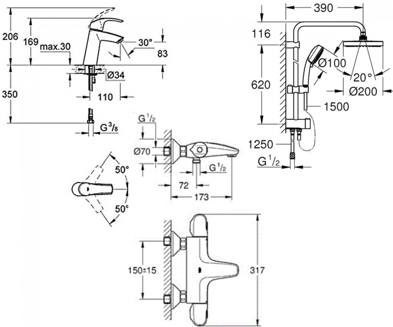Комплект смесителей Grohe EuroSmart, хром (34102TS) Фото - 1