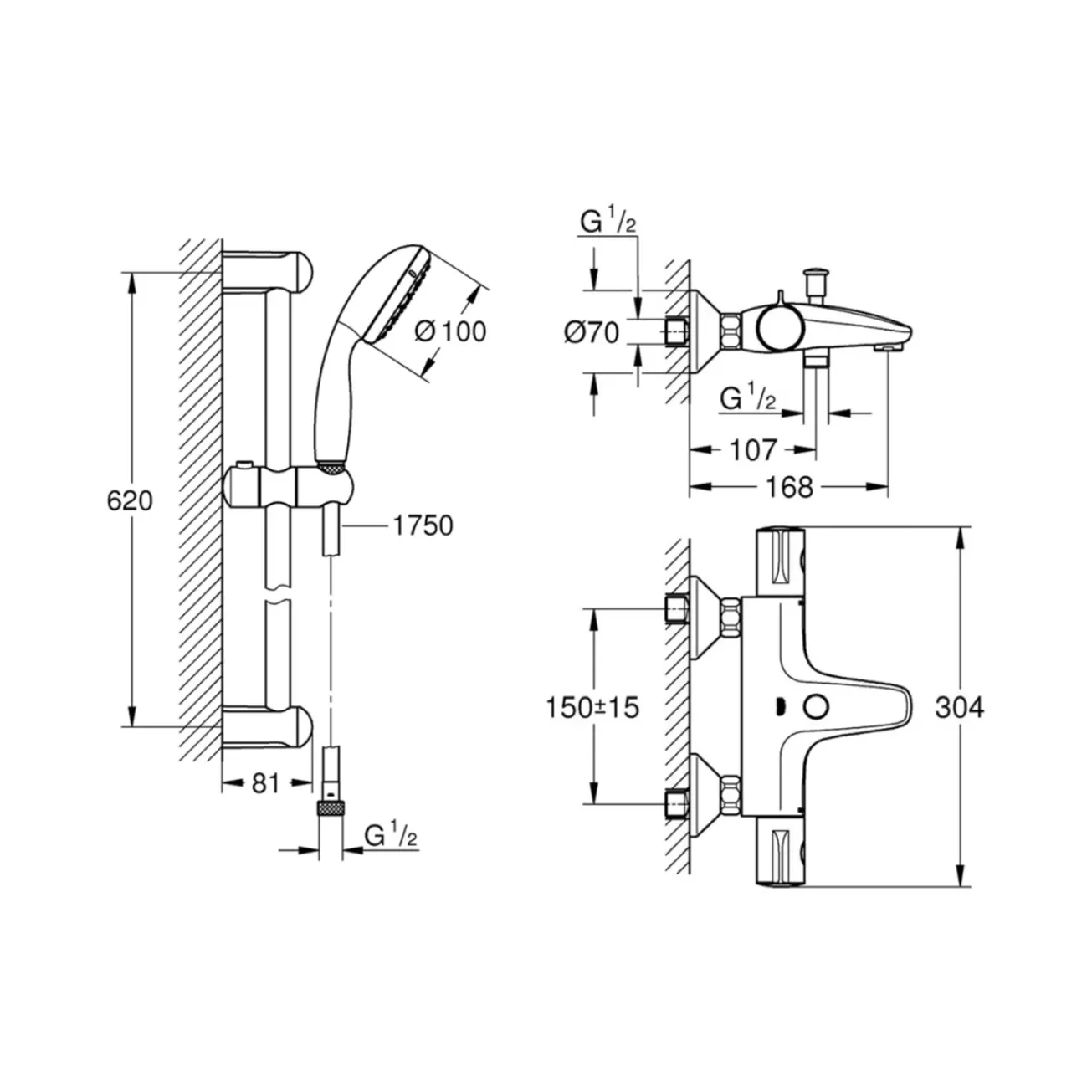 Смеситель для ванны Grohe Grohtherm 800 34567000 с душевым гарнитуром 27948001 (34567001) Фото - 1