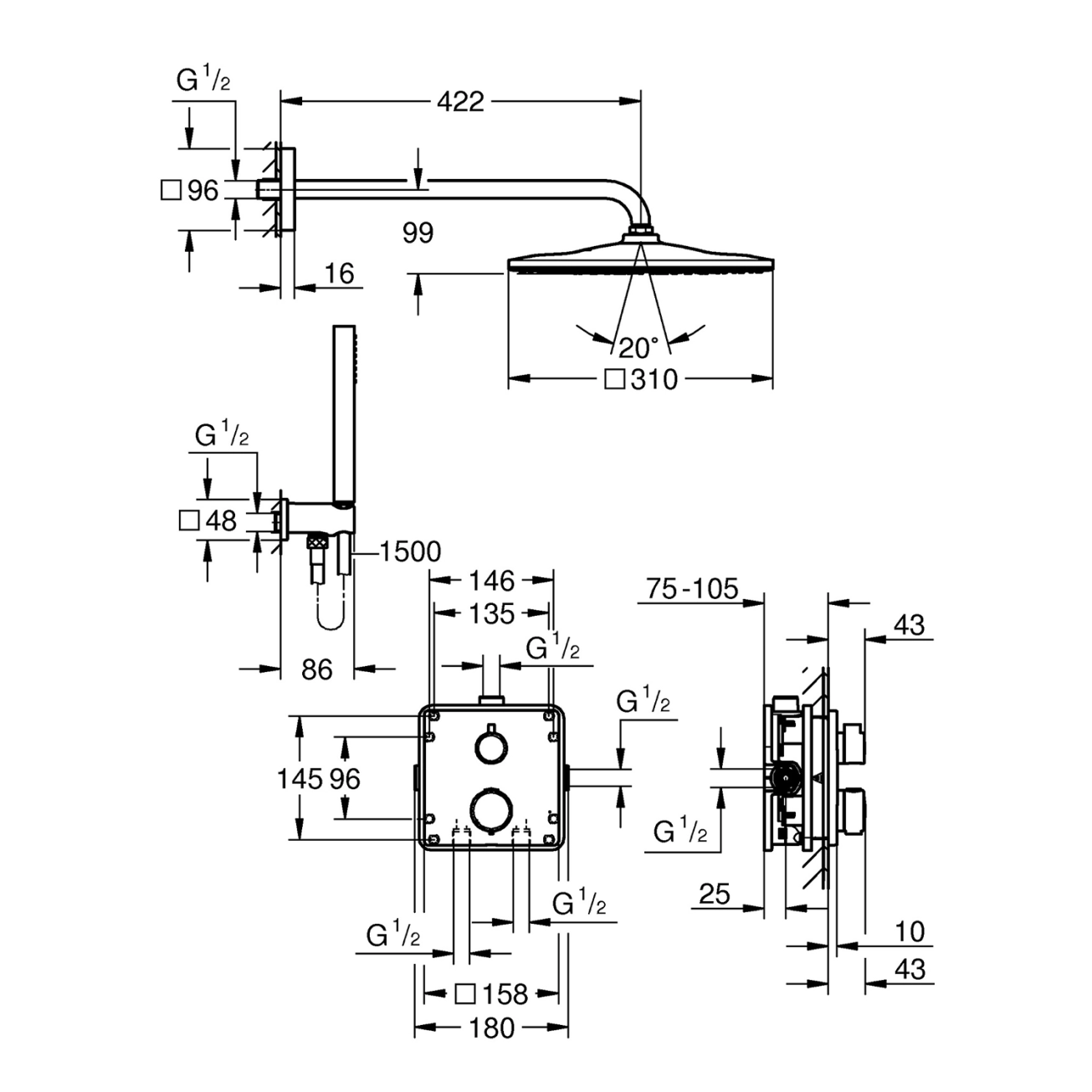 Душевая система скрытого монтажа термостатическая Grohe QuickFix Precision Grohtherm Cube 34881000 Фото - 1