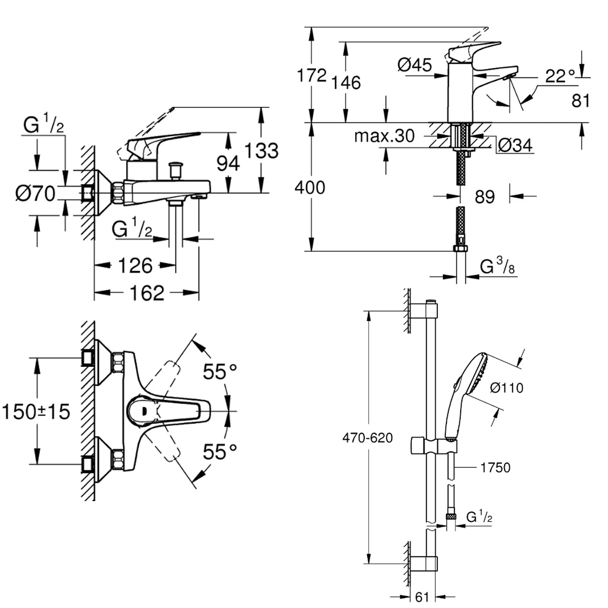 Комплект змішувачів для ванни 3 в 1 Grohe Bau Flow хром (UA121624S1) Фото - 4